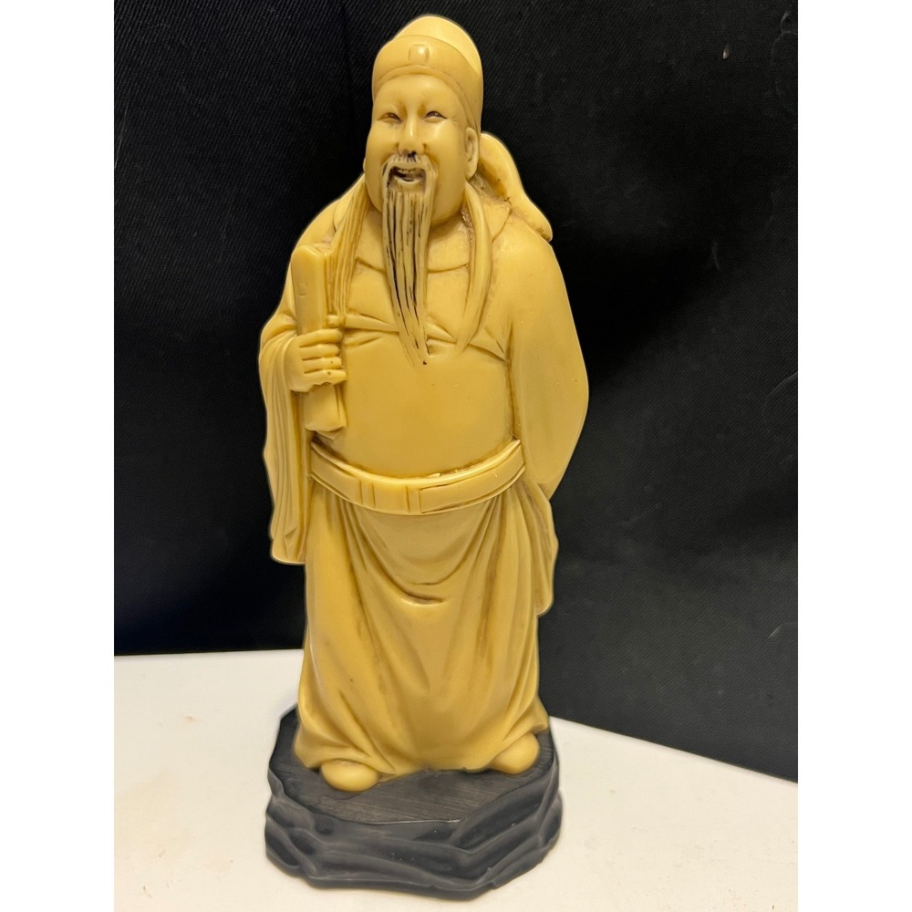 Vintage Chinese Immortal Resin Figurine 6" Scholar with Scroll Black Base Marked